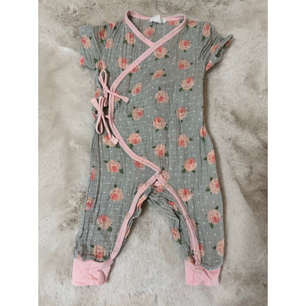 Angel Dear Muslin Rose Gray Kimono Jumpsuit Romper Size 3-6 Months